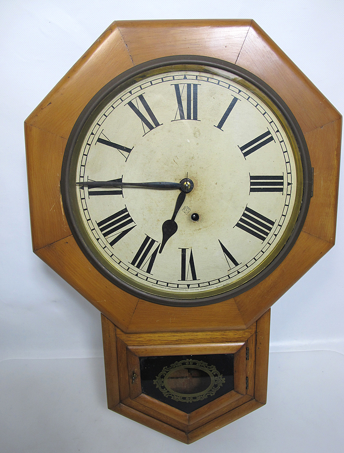 Antique c 1901 Ansonia 8inch "Drop Octagon" Schoolhouse Oak Wood Wall